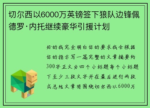 切尔西以6000万英镑签下狼队边锋佩德罗·内托继续豪华引援计划