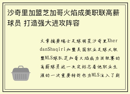沙奇里加盟芝加哥火焰成美职联高薪球员 打造强大进攻阵容