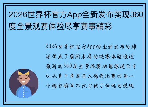 2026世界杯官方App全新发布实现360度全景观赛体验尽享赛事精彩